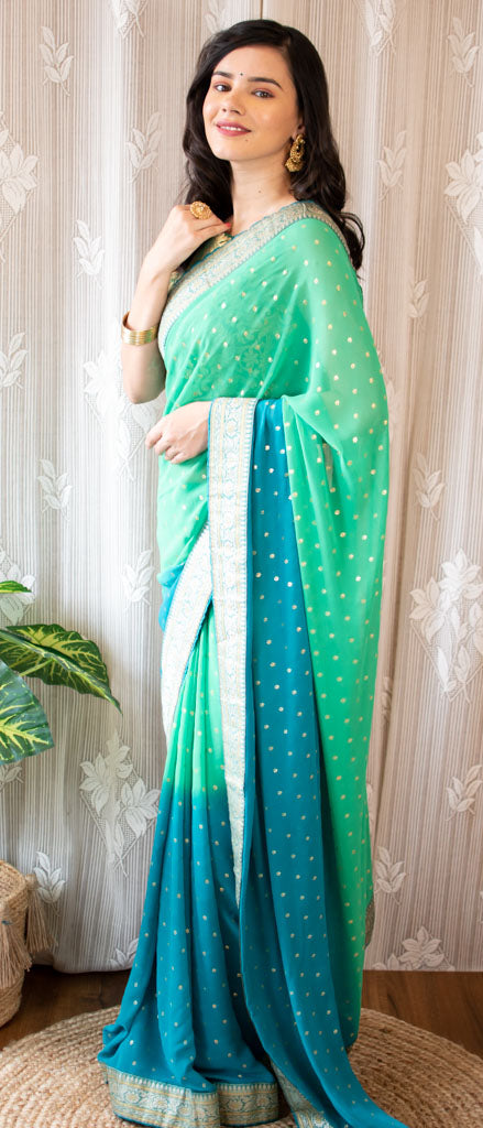 Dual Shade Semi Chiffon Gold Printed Saree With Zari Border-Sea Green