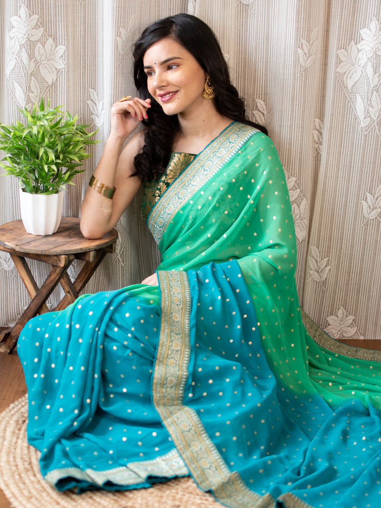 Dual Shade Semi Chiffon Gold Printed Saree With Zari Border-Sea Green