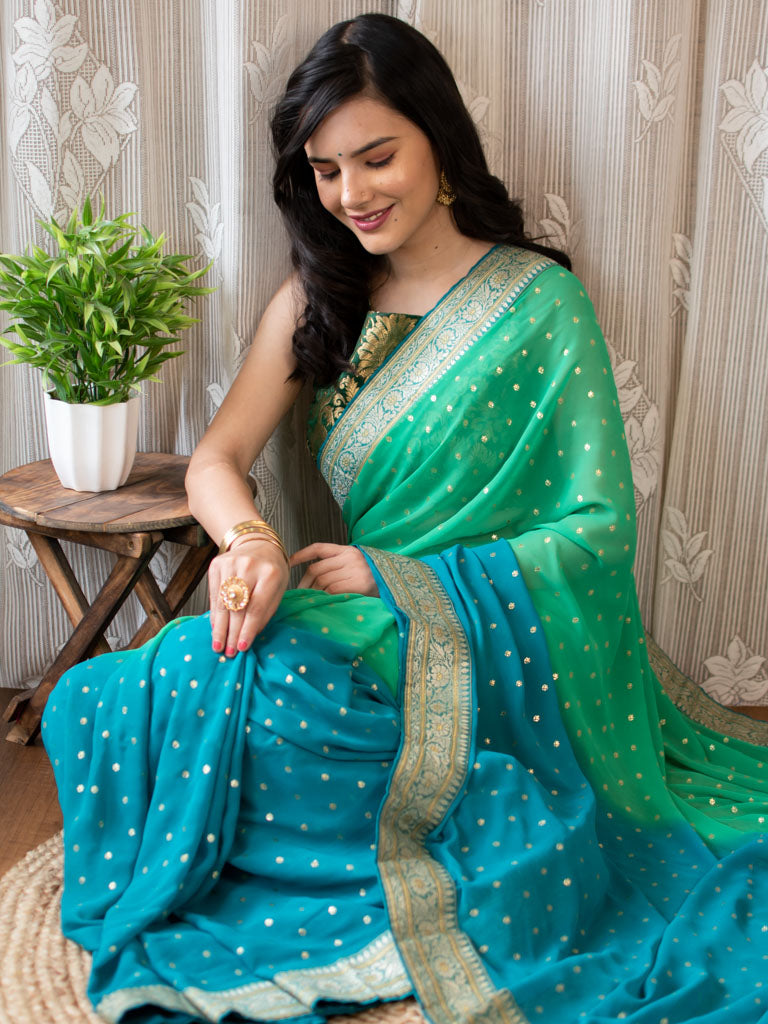 Dual Shade Semi Chiffon Gold Printed Saree With Zari Border-Sea Green