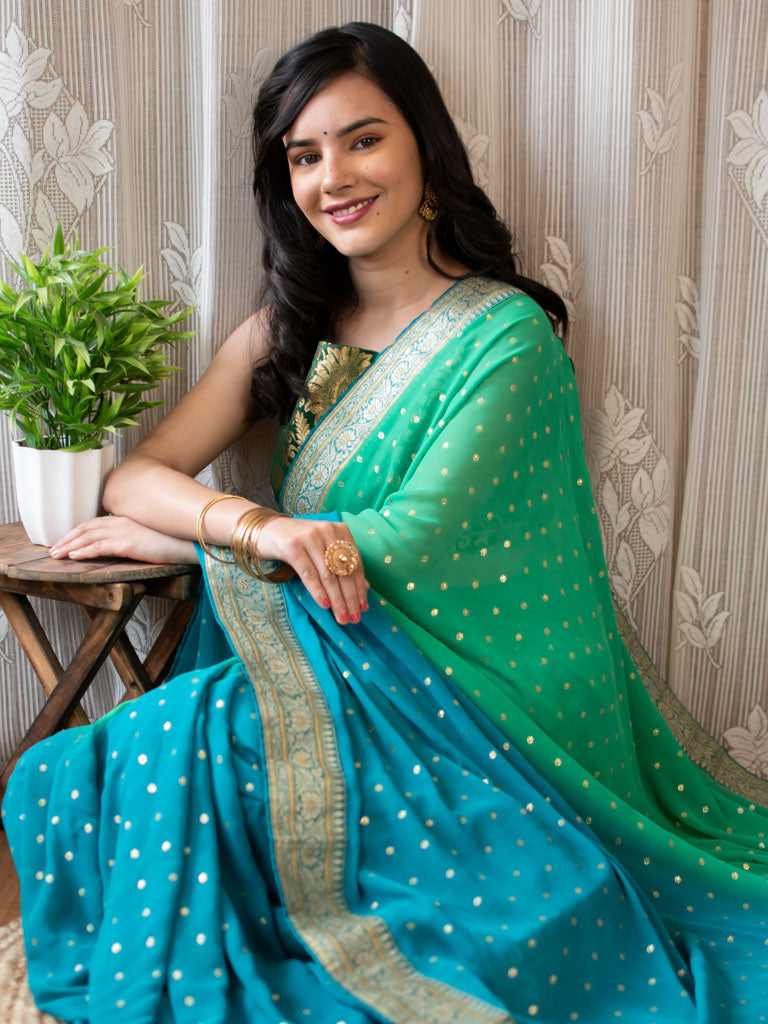 Dual Shade Semi Chiffon Gold Printed Saree With Zari Border-Sea Green