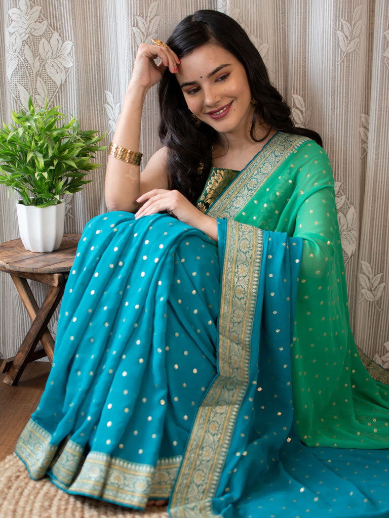 Dual Shade Semi Chiffon Gold Printed Saree With Zari Border-Sea Green