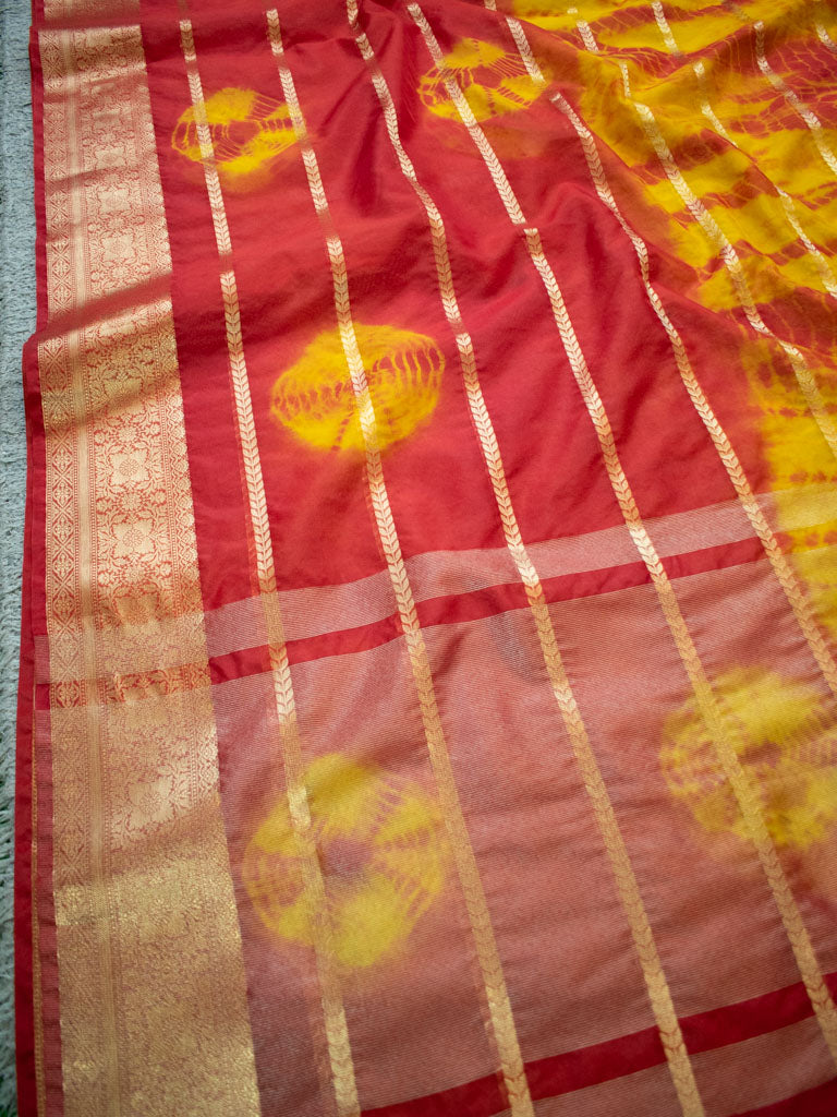 Banarasi Shibori Dyed Organza Saree With Zari Weaving-Yellow & Orange
