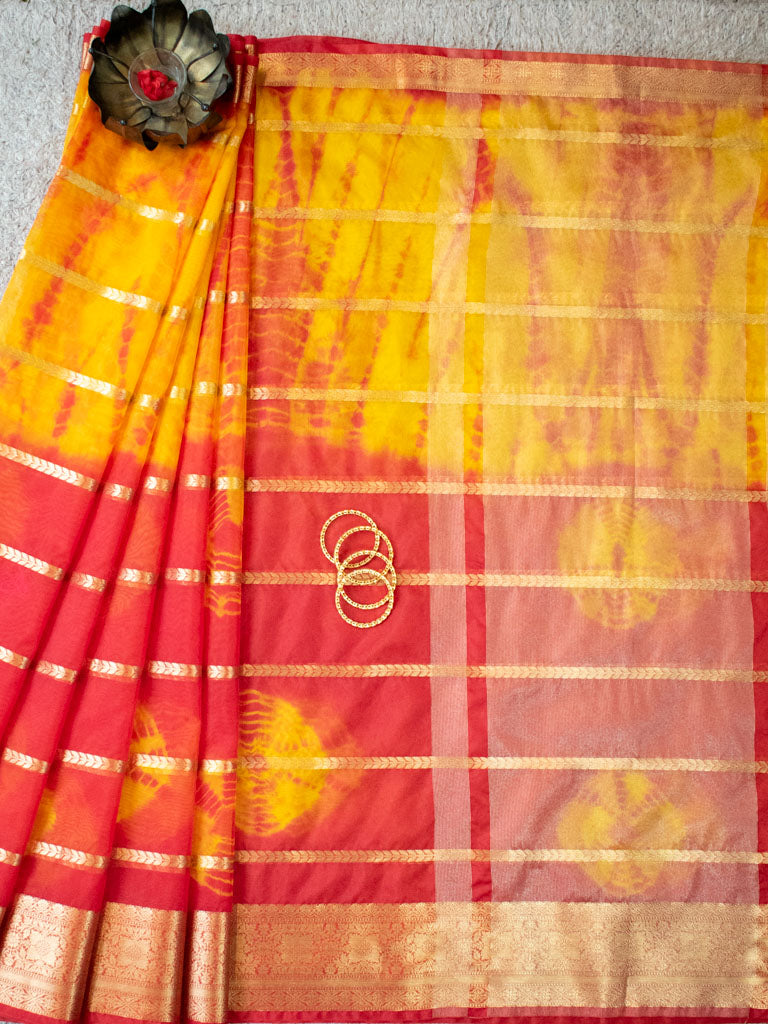 Banarasi Shibori Dyed Organza Saree With Zari Weaving-Yellow & Orange