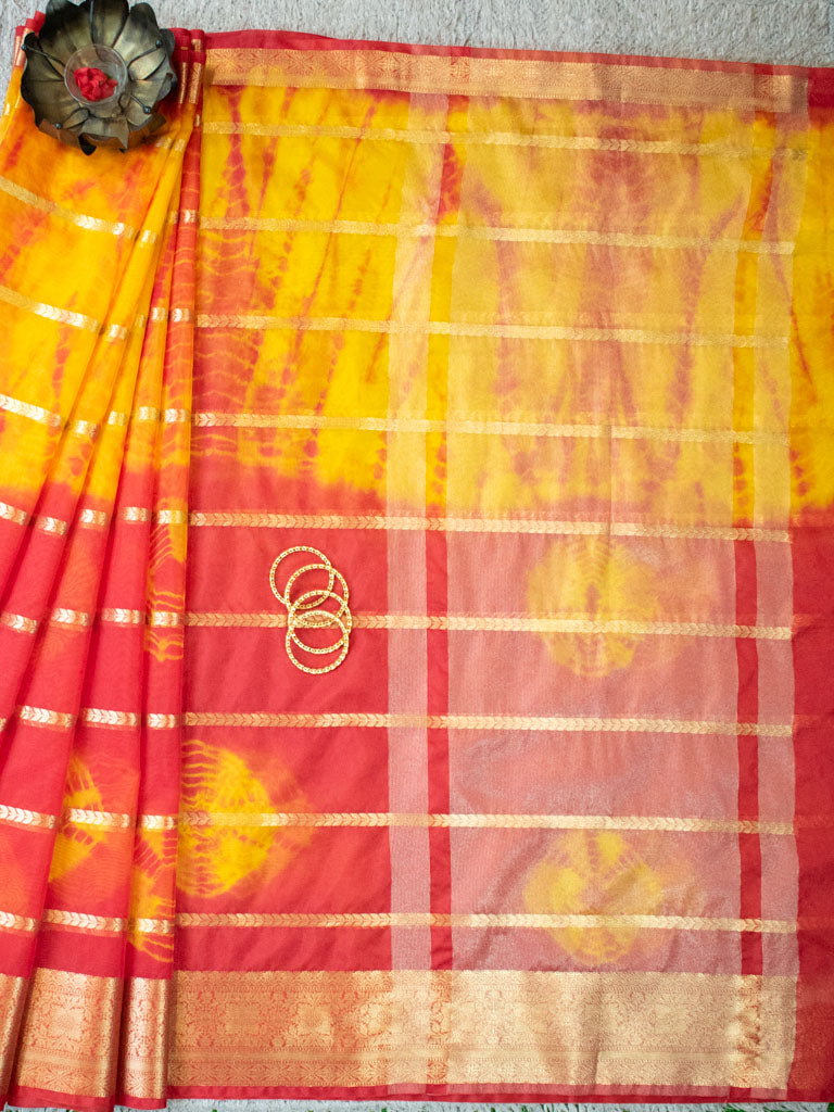 Banarasi Shibori Dyed Organza Saree With Zari Weaving-Yellow & Orange