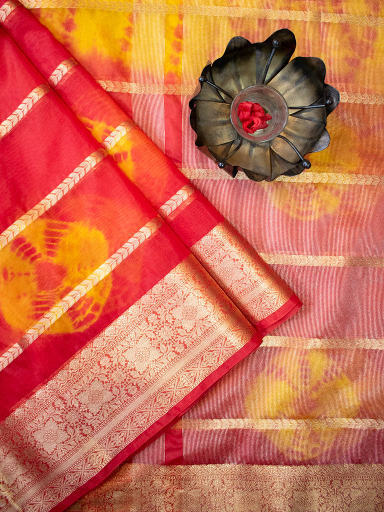 Banarasi Shibori Dyed Organza Saree With Zari Weaving-Yellow & Orange