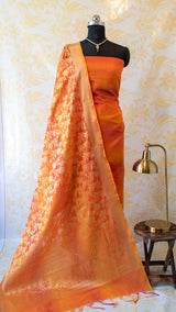 Banarasi Chanderi Cotton Salwar Kameez Material With Jaal Weaving Dupatta-Orange