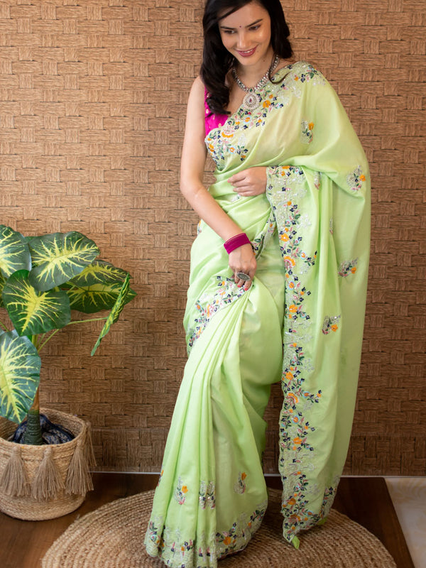 Floral Embroidered Raw Silk Saree-Green
