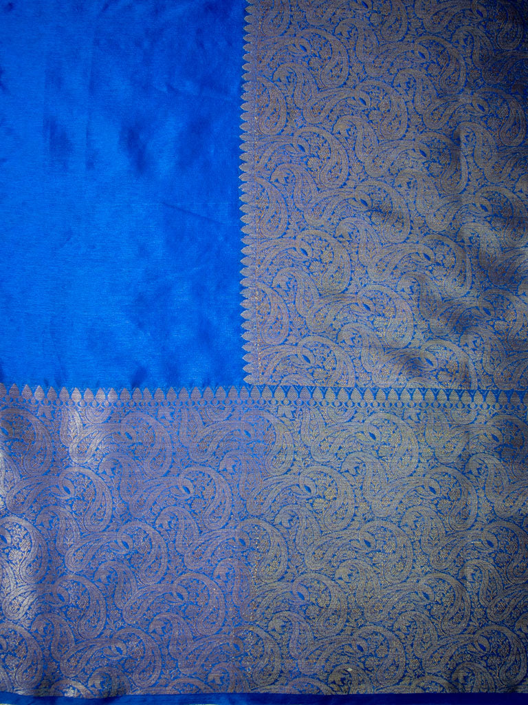 Banarasi Cotton Silk Saree Plain Body With Antique Zari Skirt Border-Blue