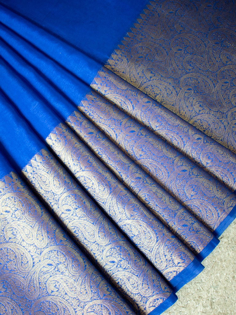 Banarasi Cotton Silk Saree Plain Body With Antique Zari Skirt Border-Blue