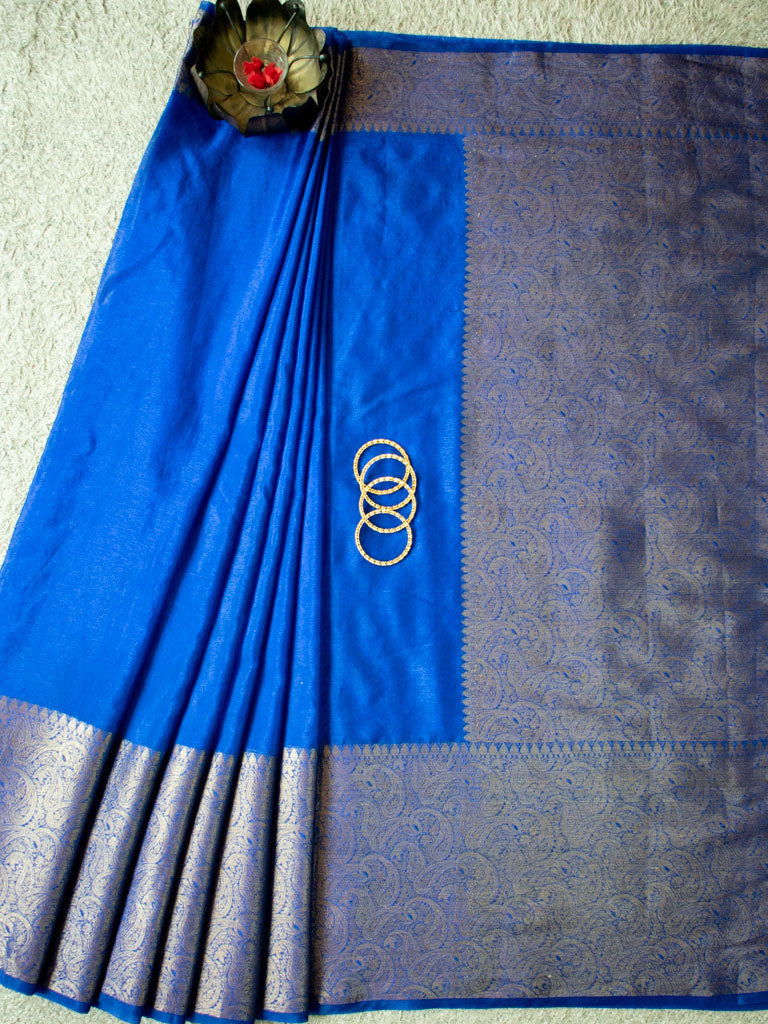 Banarasi Cotton Silk Saree Plain Body With Antique Zari Skirt Border-Blue