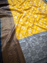 Banarasi Semi Georgette Saree With Antique  Zari Buti Weaving & Contrast Border-Yellow