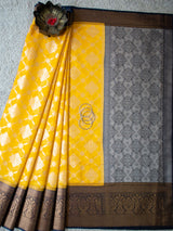 Banarasi Semi Georgette Saree With Antique  Zari Buti Weaving & Contrast Border-Yellow