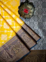 Banarasi Semi Georgette Saree With Antique  Zari Buti Weaving & Contrast Border-Yellow