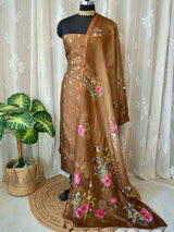 Banarasi Pure Silk Salwar Kameez With Printed Dupatta-Brown