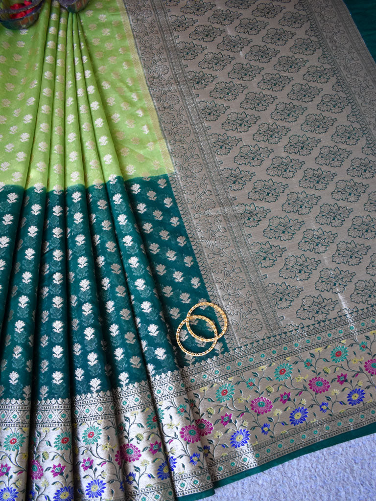 Banarasi Shaded Kora Saree With Zari Weaving Meena Border-Green