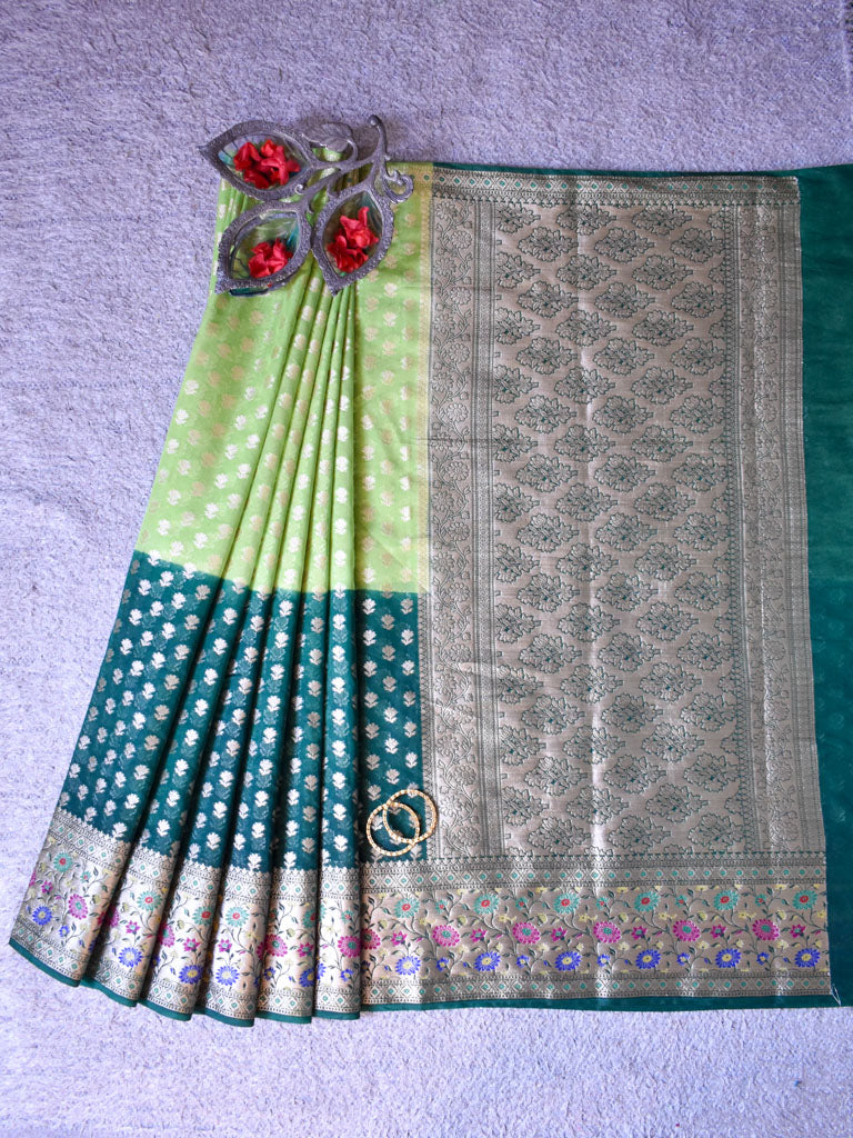 Banarasi Shaded Kora Saree With Zari Weaving Meena Border-Green