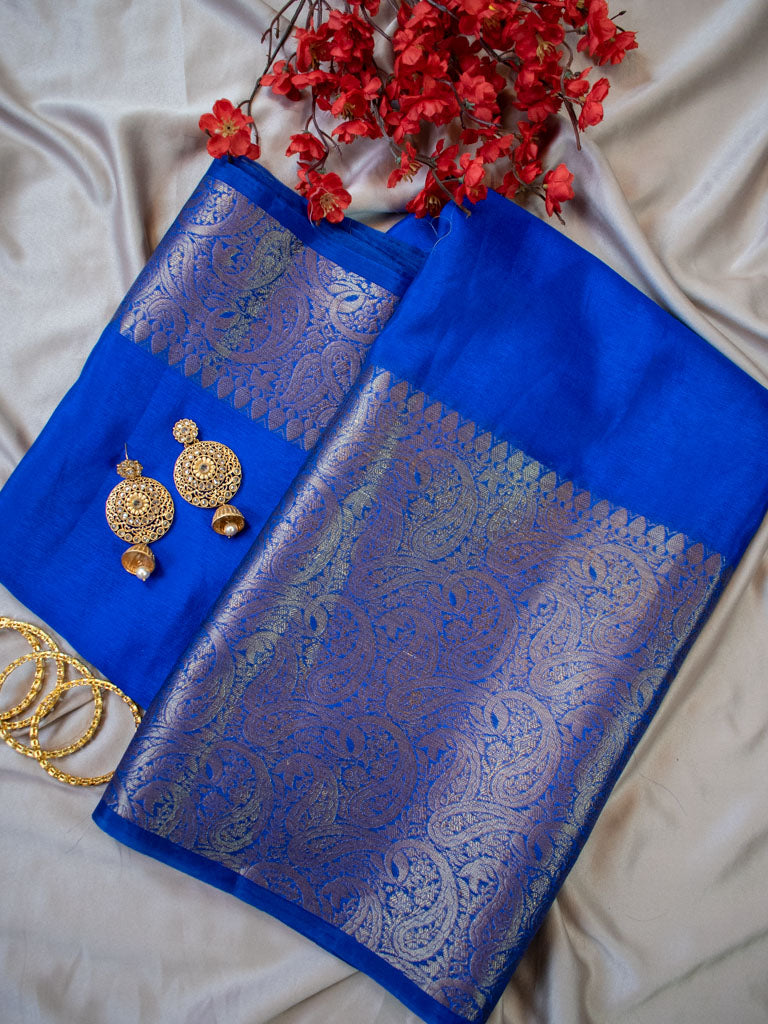 Banarasi Cotton Silk Saree Plain Body With Antique Zari Skirt Border-Blue