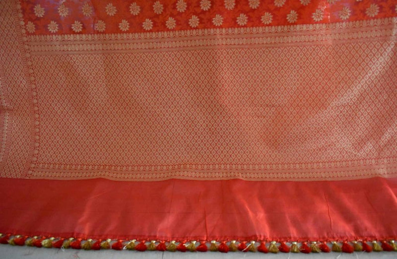 Banarasi Dupion Linen Saree With Zari Buti Weaving-Red