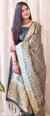 Banarasi Semi Silk Zari Weaving Salwar Kameez Material With Meenakari Dupatta-Green