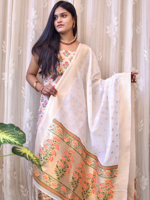 Banarasi Semi Silk Zari Weaving Salwar Kameez Material With Meenakari Dupatta-White
