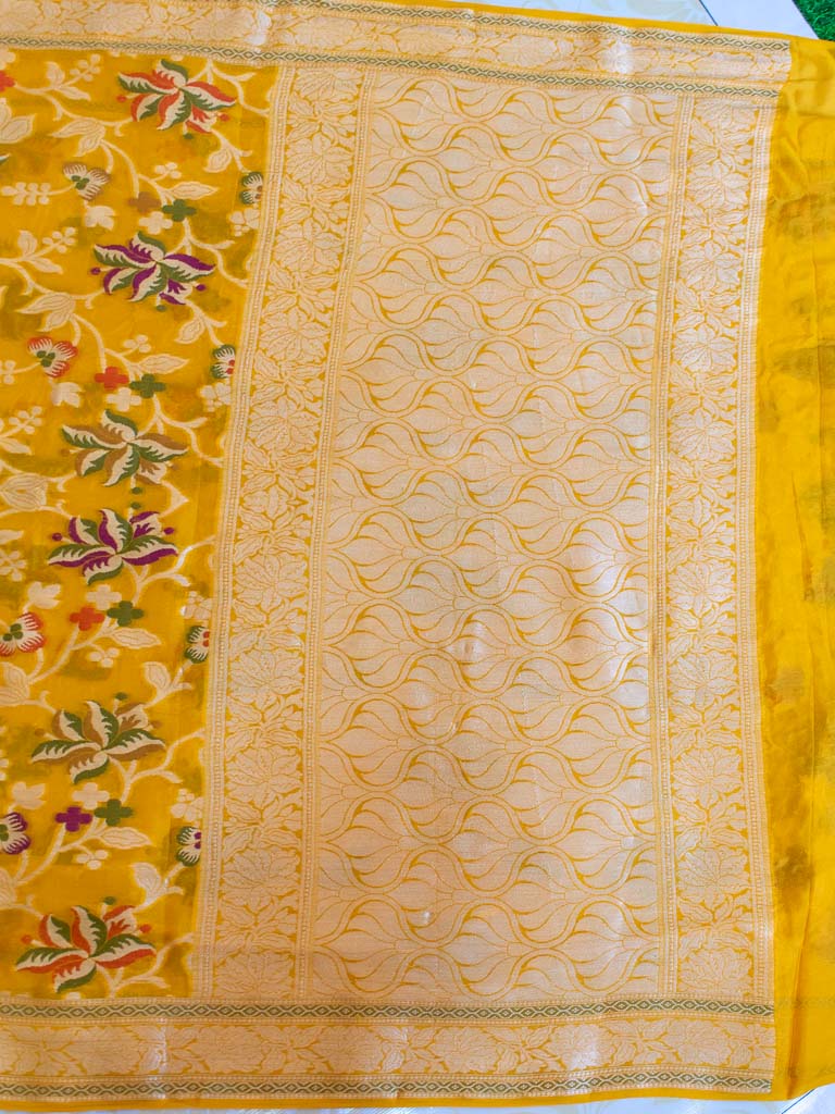 Banarasi Chiffon Saree Antique Zari & Resham Jaal Weaving-Yellow