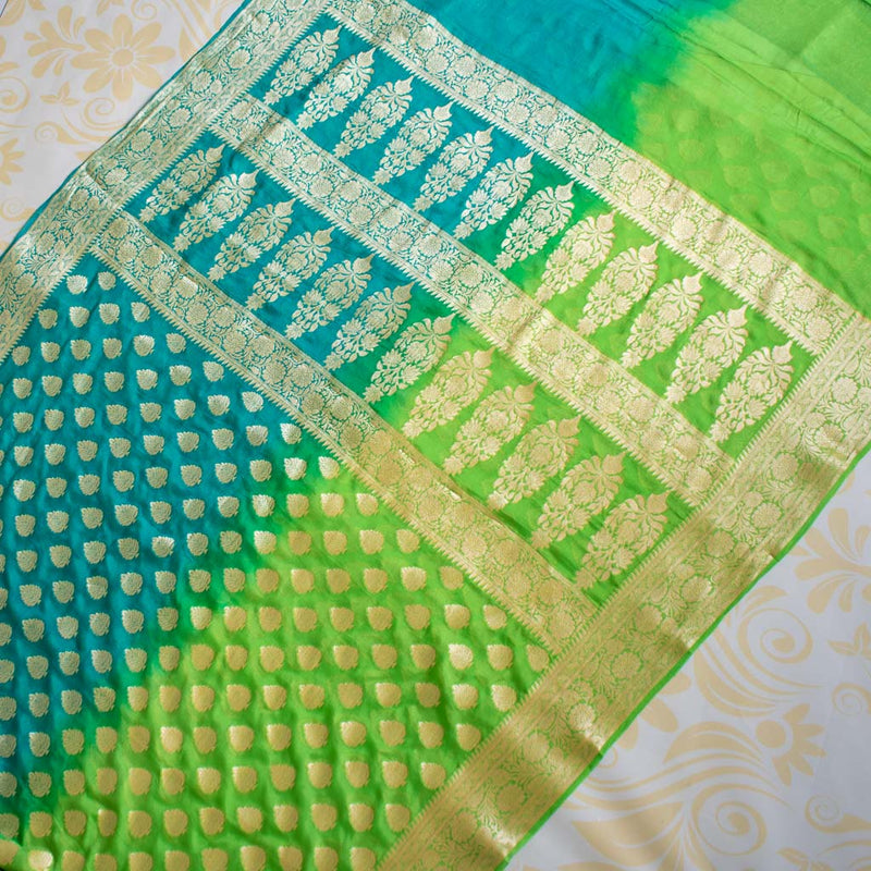 Banarasi Dual Shade Chiffon Saree Gold Zari Weaving-Green & Blue