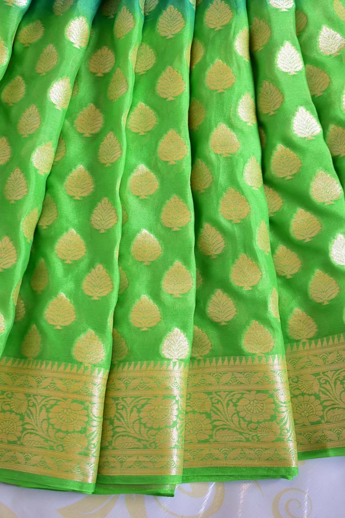 Banarasi Dual Shade Chiffon Saree Gold Zari Weaving-Green & Blue