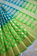Banarasi Dual Shade Chiffon Saree Gold Zari Weaving-Green & Blue