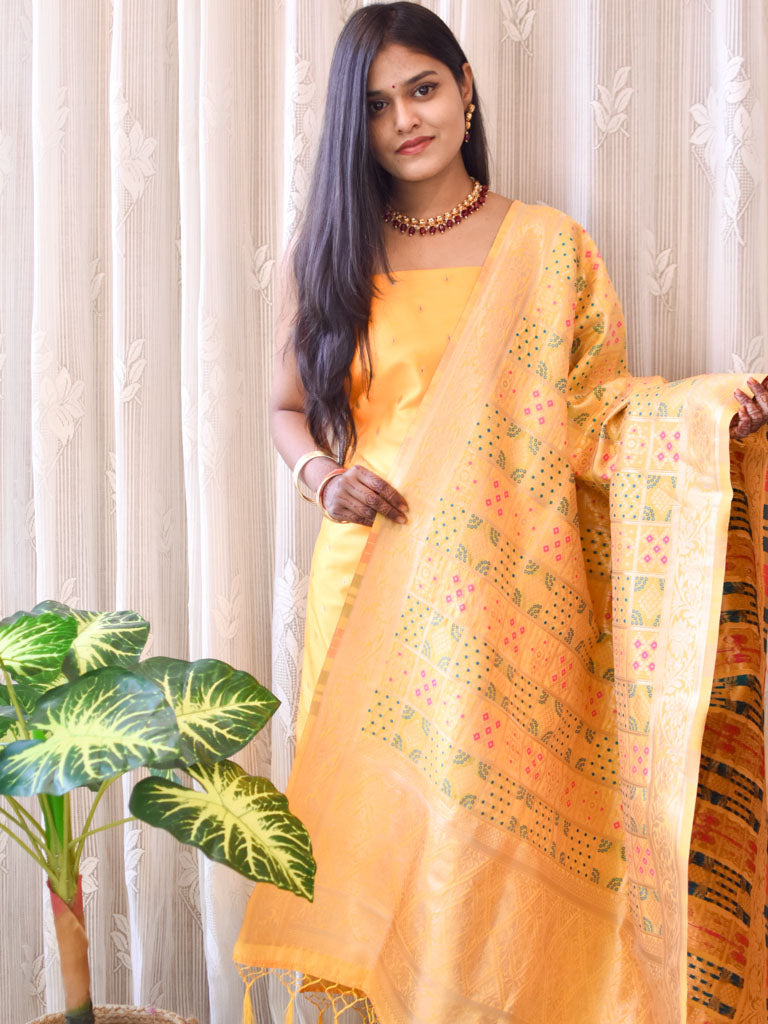 Banarasi Semi Silk Zari Weaving Salwar Kameez Material With Meenakari Dupatta-Yellow