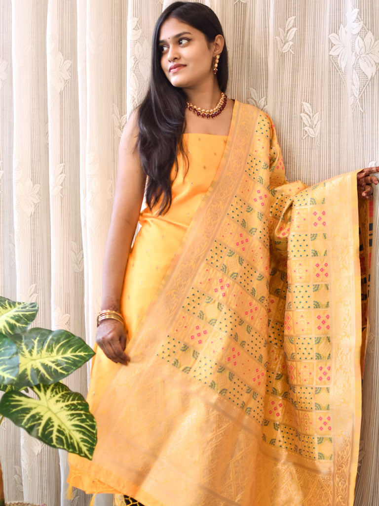 Banarasi Semi Silk Zari Weaving Salwar Kameez Material With Meenakari Dupatta-Yellow