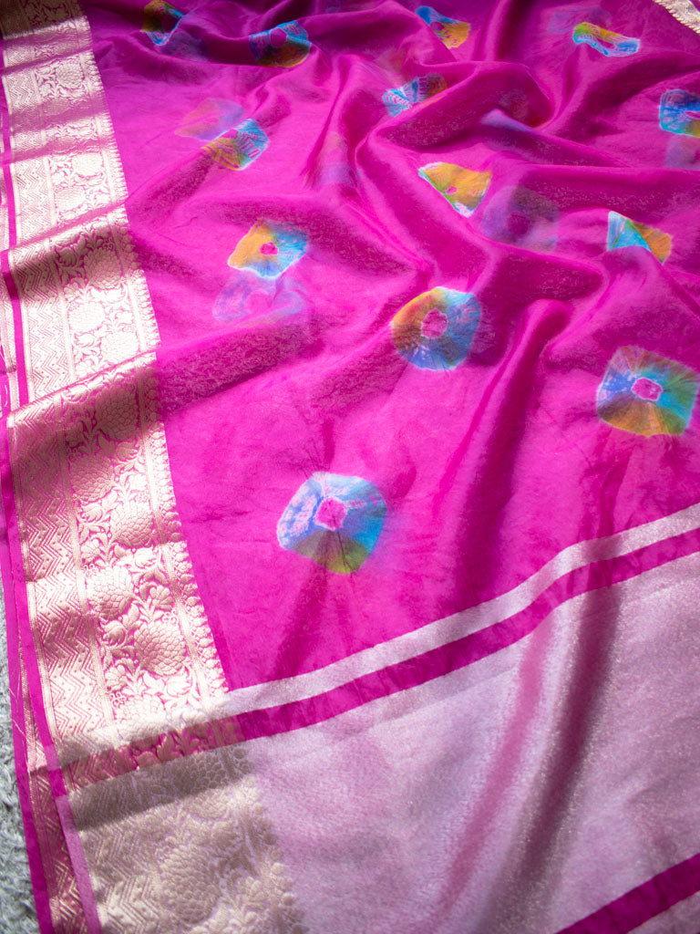 Banarasi Bandhani Dyed Organza Saree With Zari Border-Pink