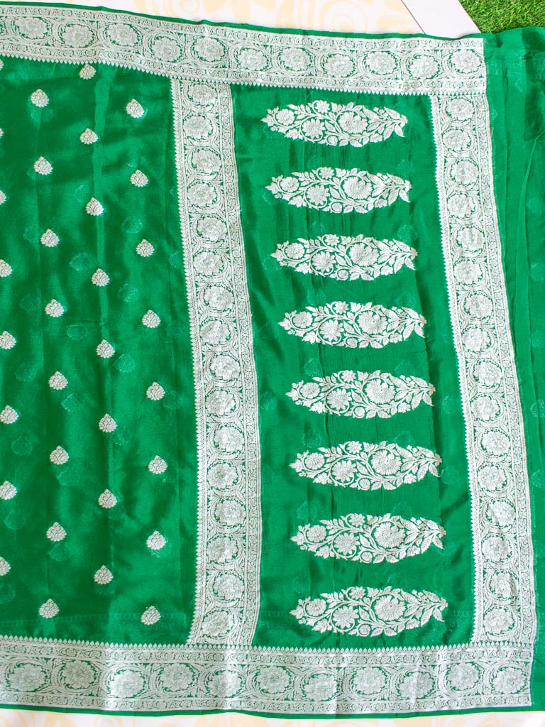 Banarasi Chiffon Saree Silver Zari Weaving-Bottle Green