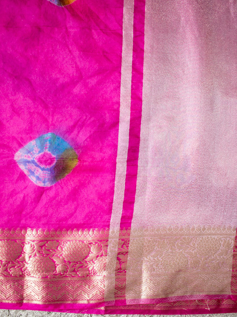 Banarasi Bandhani Dyed Organza Saree With Zari Border-Pink
