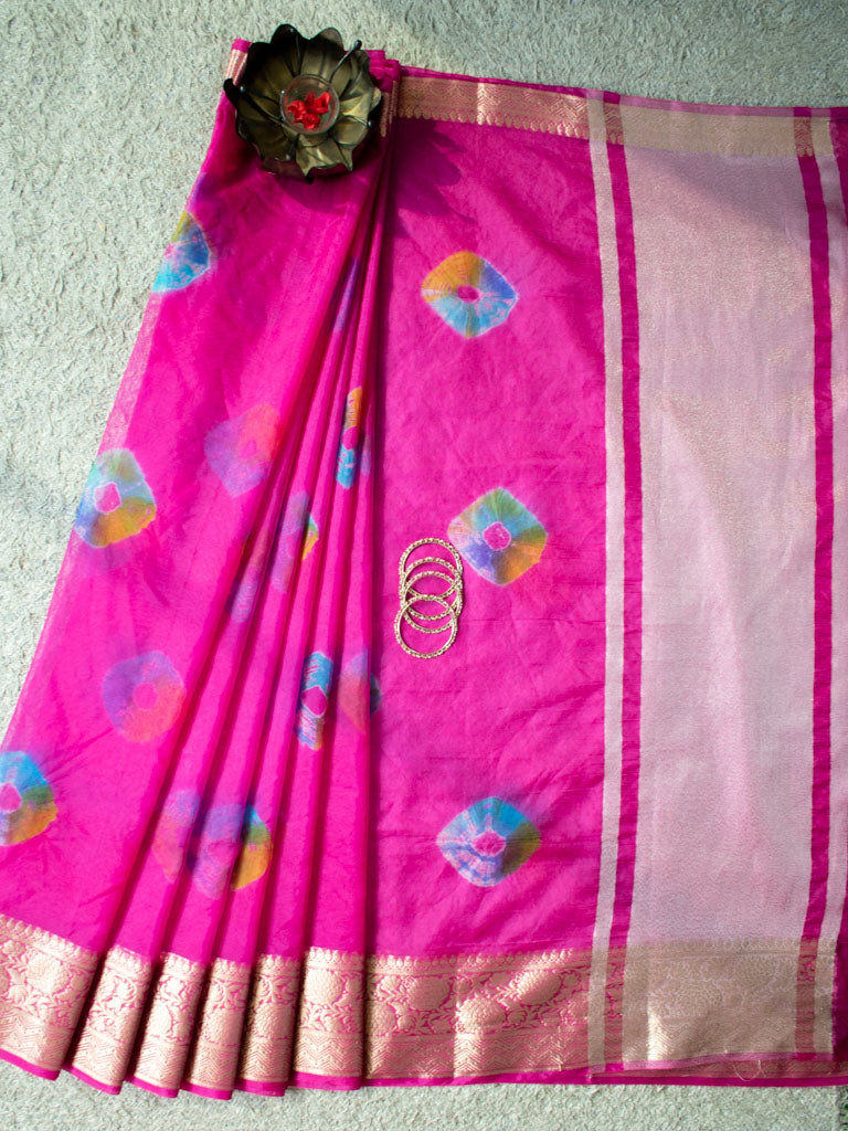 Banarasi Bandhani Dyed Organza Saree With Zari Border-Pink