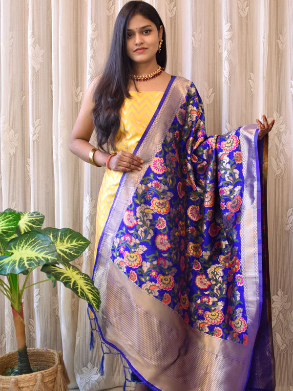 Banarasi Semi Silk Zari Weaving Salwar Kameez Material With Contrast Meenakari Dupatta-Yellow