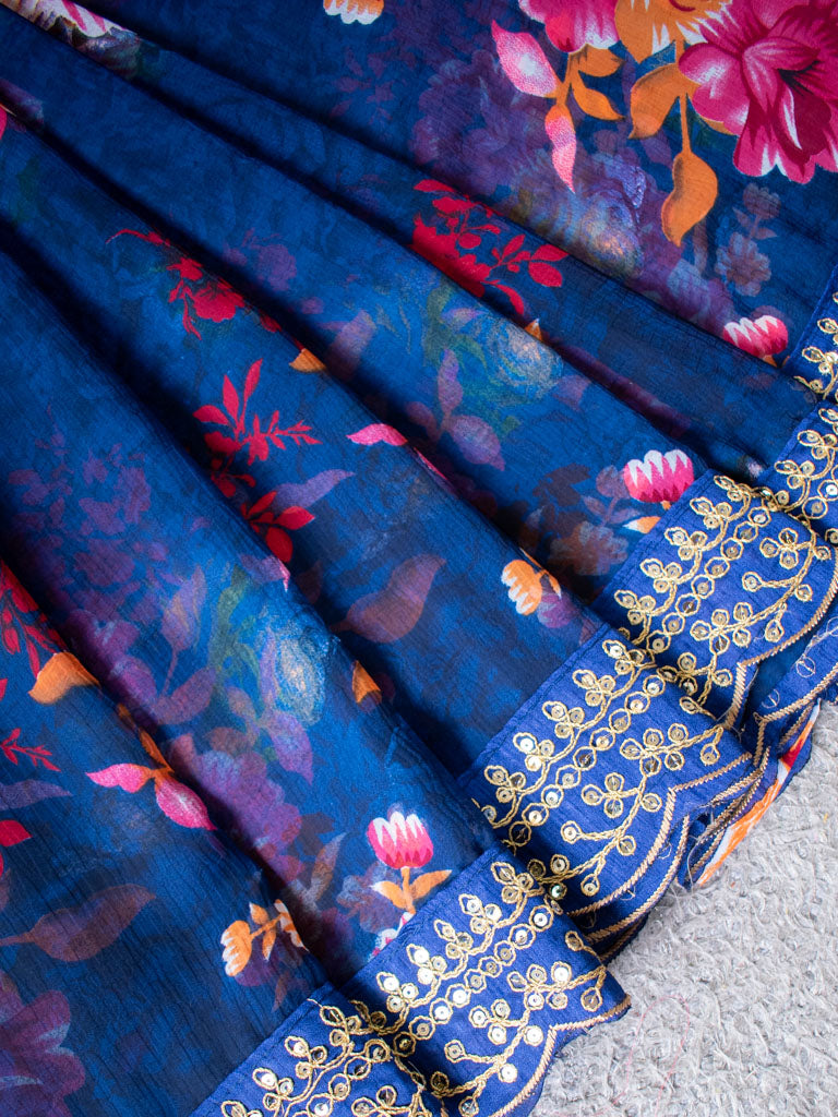 Chiffon Floral Printed Saree With Embroidered Border-Blue