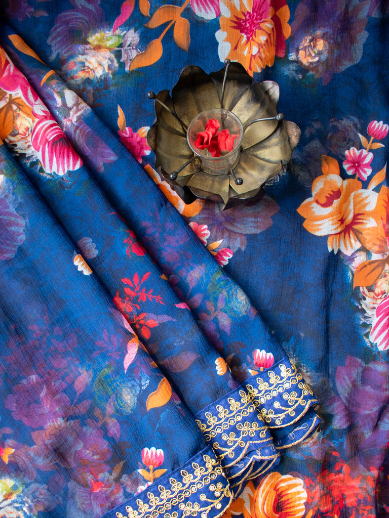 Chiffon Floral Printed Saree With Embroidered Border-Blue