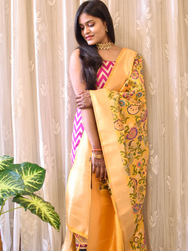 Banarasi Semi Silk Zari Weaving Salwar Kameez Material With Contrast Meenakari Dupatta-Pink