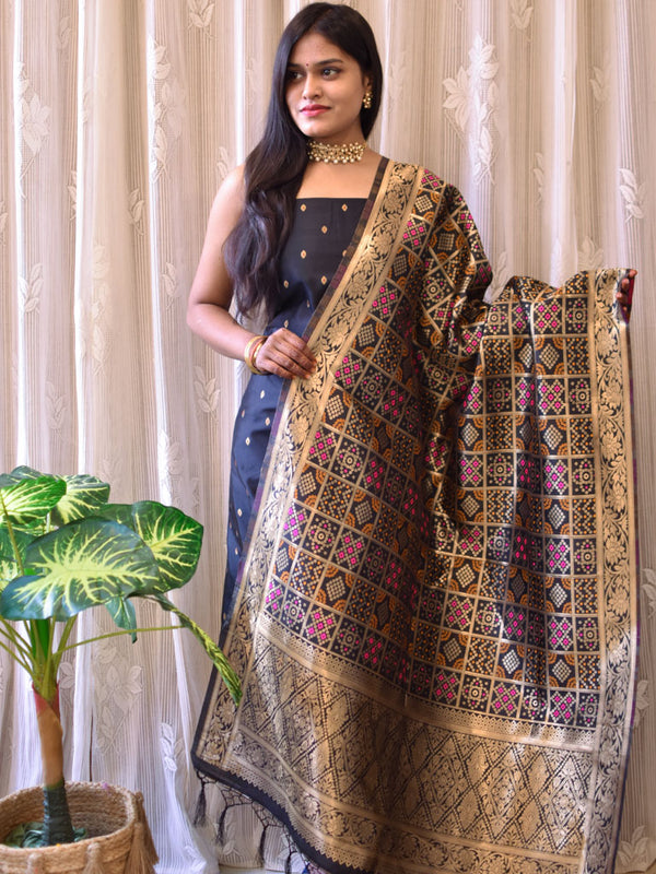 Banarasi Semi Silk Zari Weaving Salwar Kameez Material With Meenakari Dupatta-Black