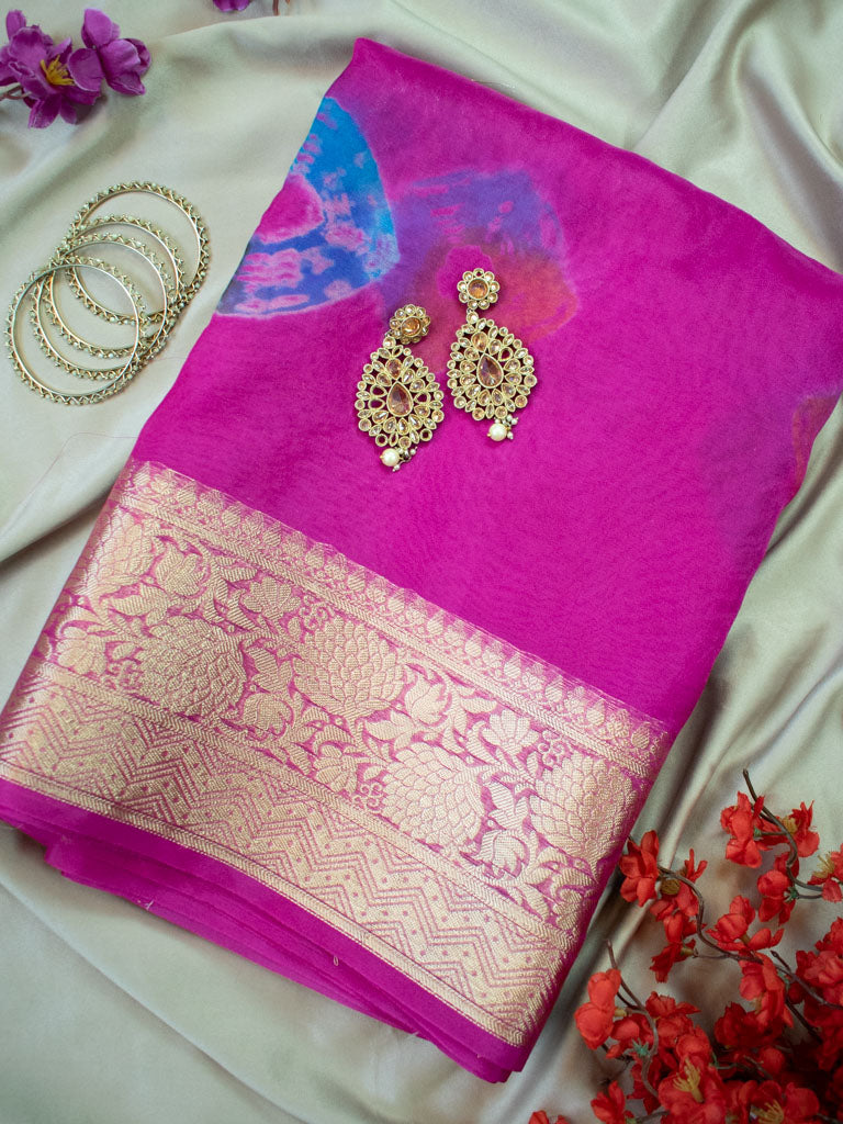 Banarasi Bandhani Dyed Organza Saree With Zari Border-Pink