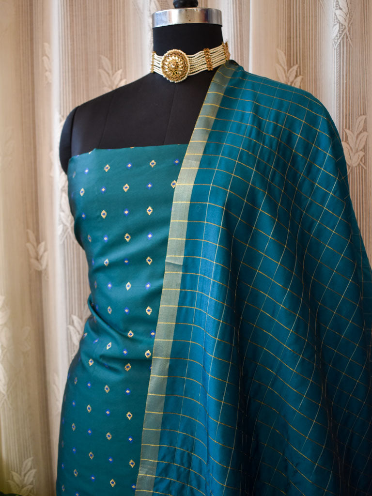 Banarasi Butidar Salwar Kameez Material With Dupatta-Rama Green