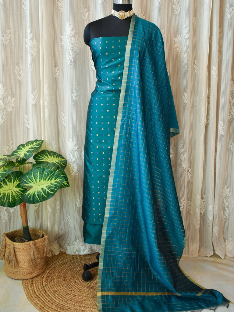 Banarasi Butidar Salwar Kameez Material With Dupatta-Rama Green