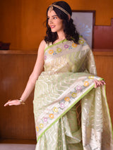 Banarasi Kora Saree With Silver Zari & Meena Weaving-Green