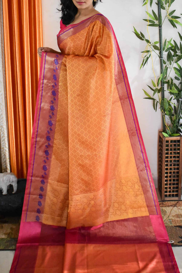 Banarasi Kora Muslin Saree With Tanchoi Weaving and Floral Border-Yellow