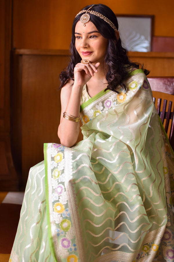 Banarasi Kora Saree With Silver Zari & Meena Weaving-Green