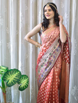 Banarasi Kora Saree With Zari Weaving & Contrast Meena Border-Orange