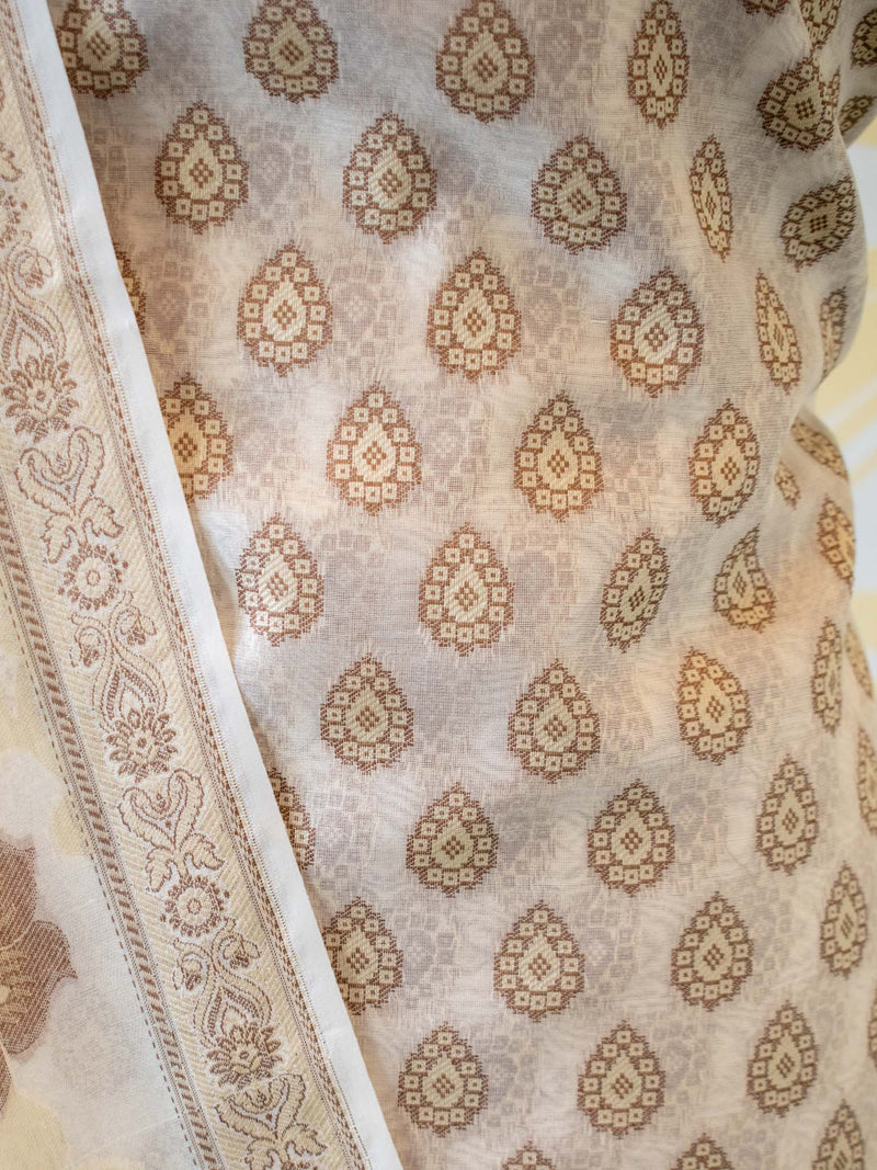 Banarasi Cotton Silk Salwar Kameez Fabric Resham Weaving & Dupatta-Ivory White