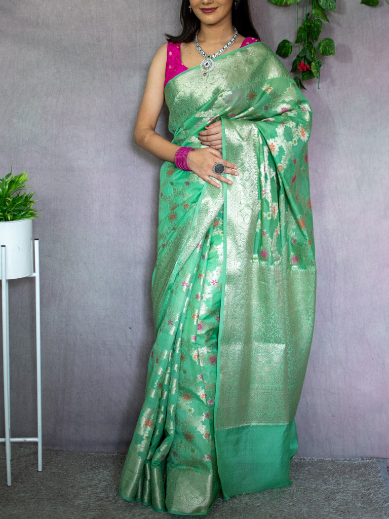 Banarasi Semi Silk Saree With Jaal Zari & Meena Weaving-Green