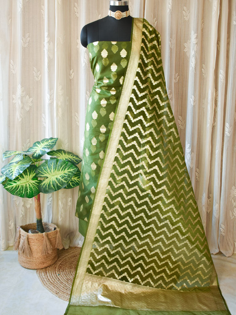 Banarasi Organza Salwar Kameez Material With Silver Zari Weaving & Dupatta-Green