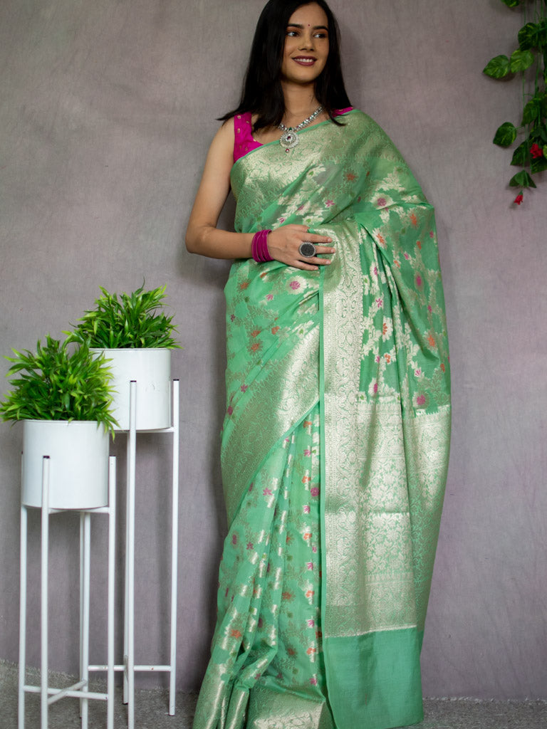 Banarasi Semi Silk Saree With Jaal Zari & Meena Weaving-Green